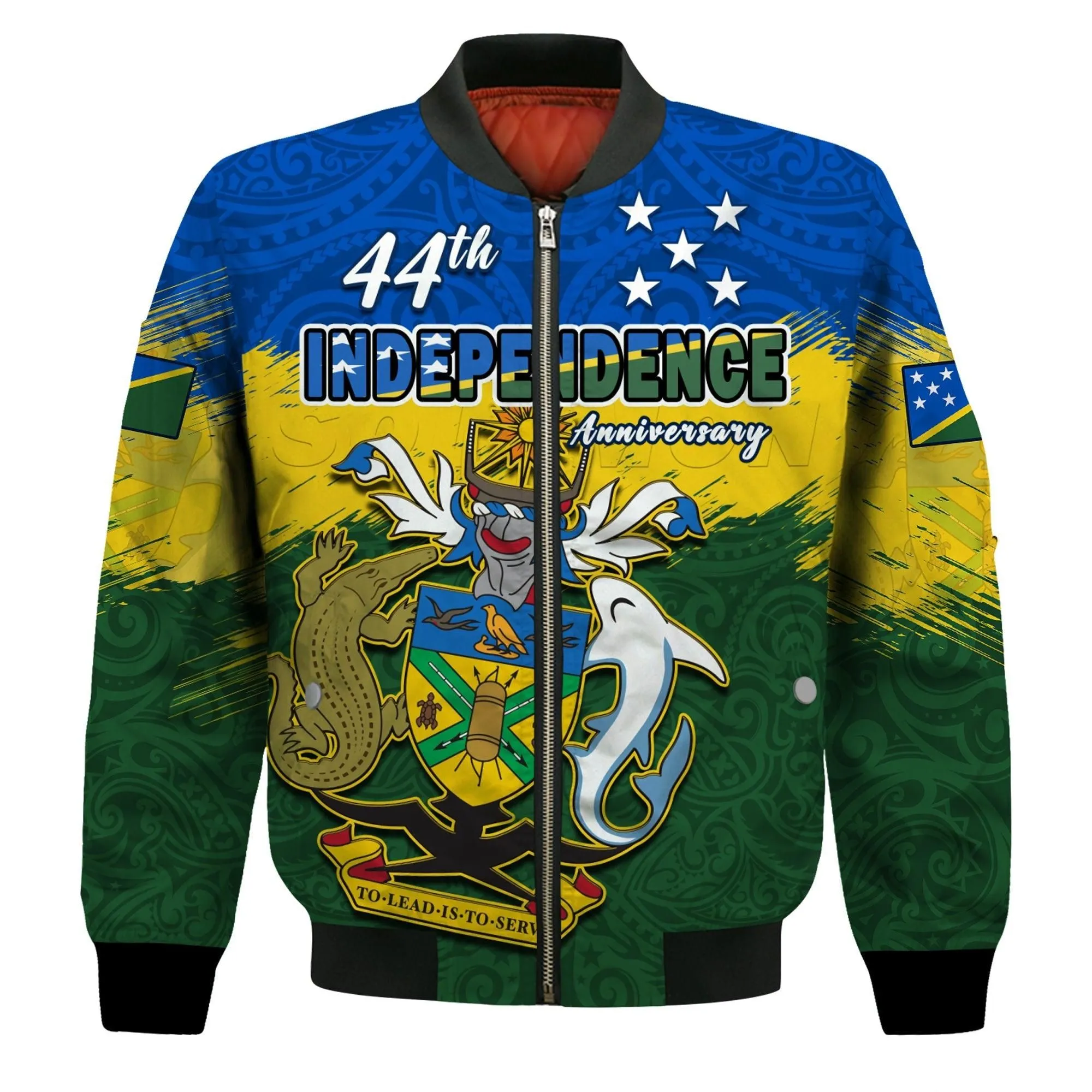 Solomon Islands Bomber Jacket Happy 44th Independence Anniversary Polynesian Pattern LT14