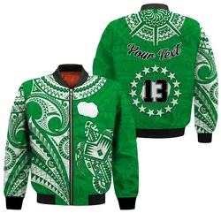 (Custom Text and Number) Rarotonga Cook Islands Bomber Jacket Turtle and Map Style Green LT13