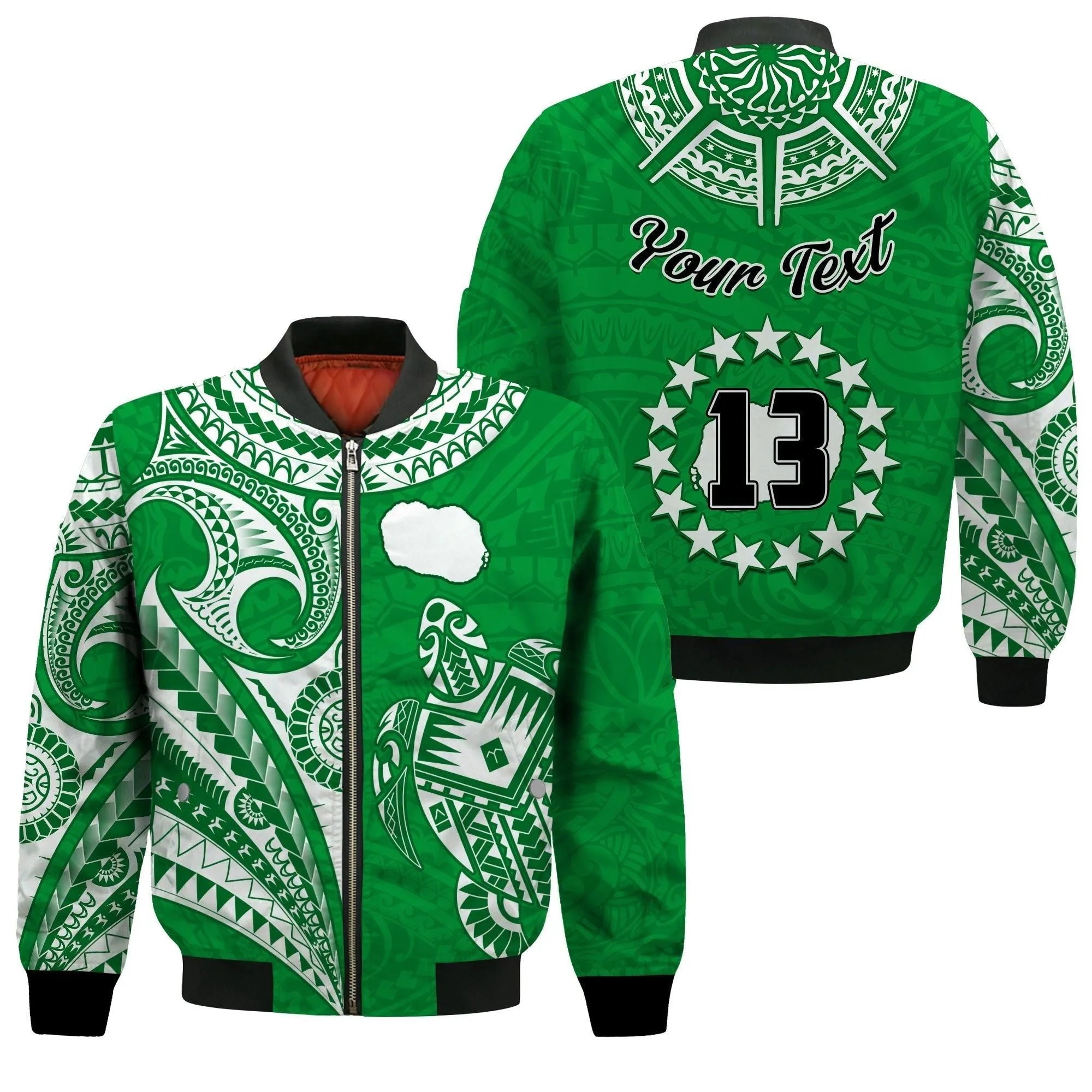 (Custom Text and Number) Rarotonga Cook Islands Bomber Jacket Turtle and Map Style Green LT13