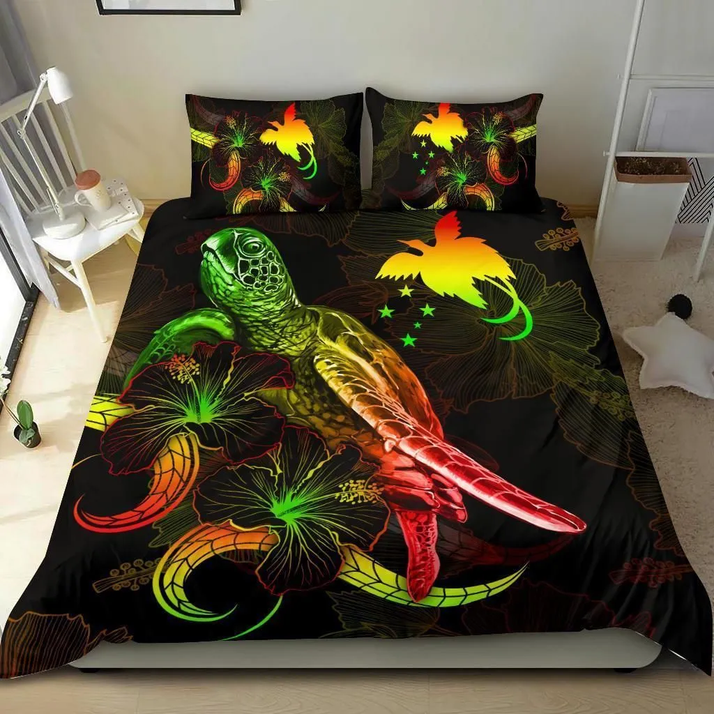 Papua New Guinea Polynesian Bedding Set - Turtle With Blooming Hibiscus Reggae