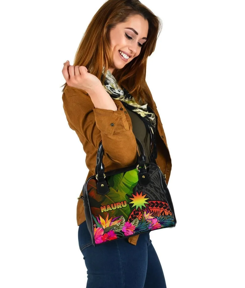 Nauru Polynesian Shoulder Handbag -  Hibiscus And Banana Leaves