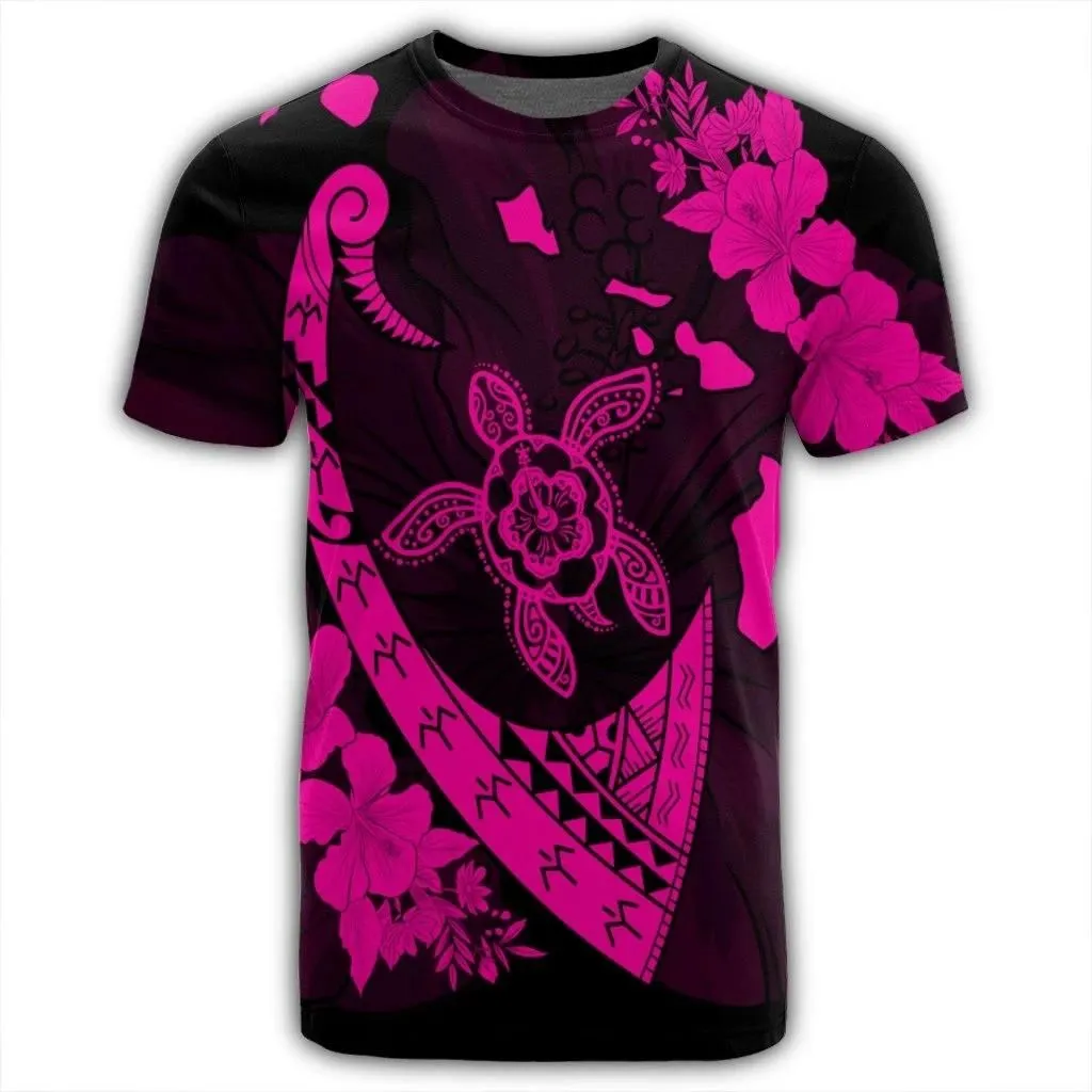 Alohawaii Tee - Hawaiian Map Hibiscus Turtle Fish Hook Polynesian T-Shirt Pink - AH - J5R