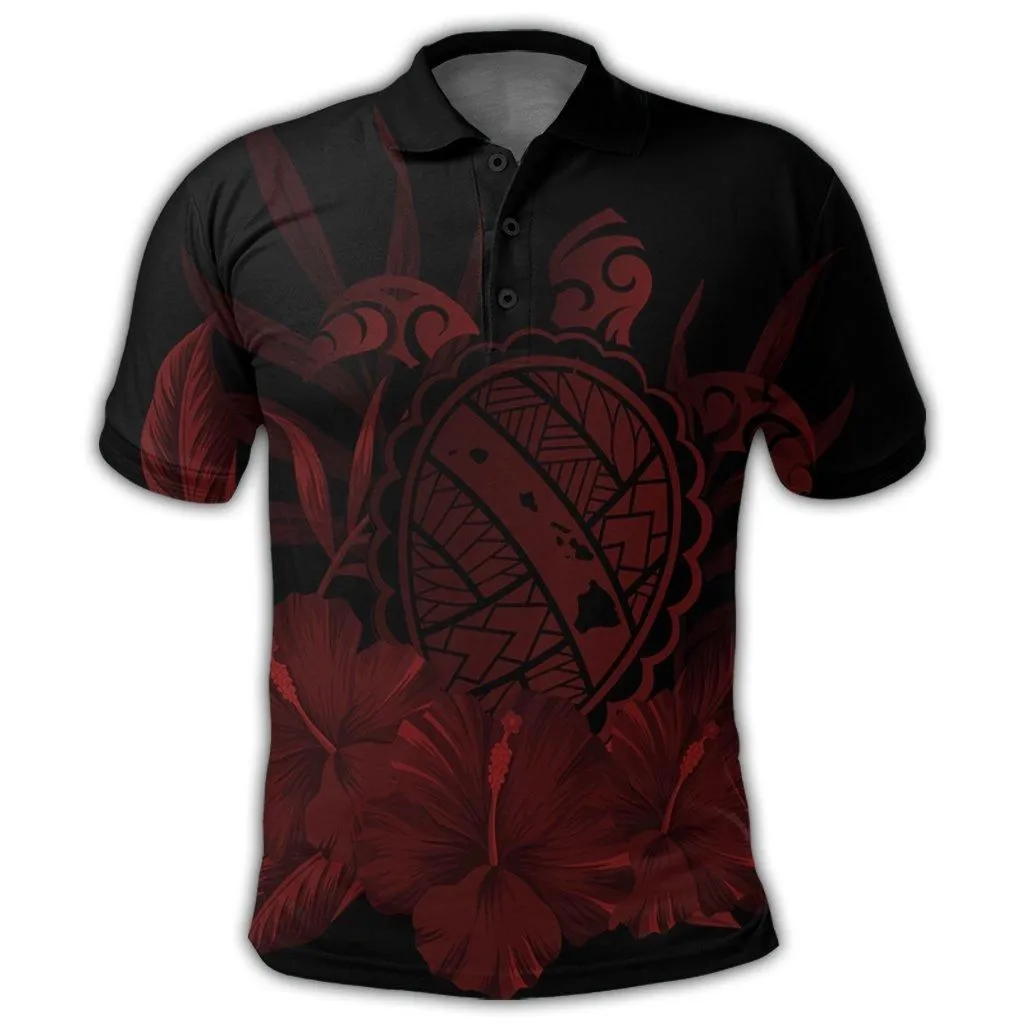 Hawaiian Map Turtle Hibiscus Polynesian Polo Shirt - Red - AH