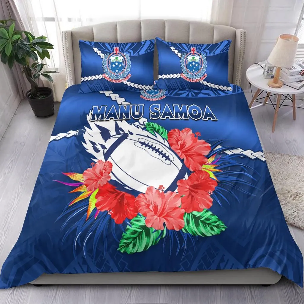 Samoa Rugby Bedding Set Manu Samoa Polynesian Hibiscus Blue Style LT14