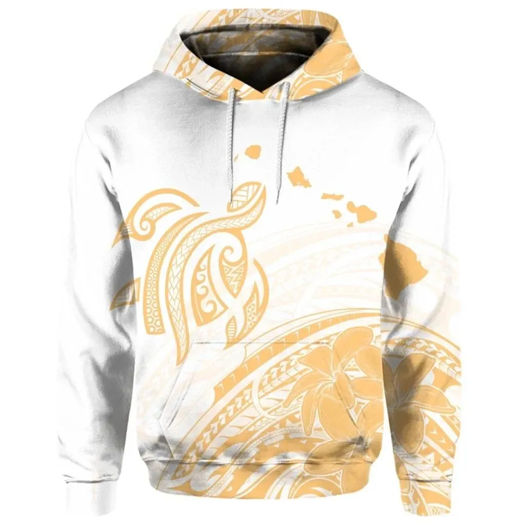 Alohawaii Hoodie - (Personalised) Hawaii Turtle Polynesian Map Plumeria White Background Hoodie - AH - JR