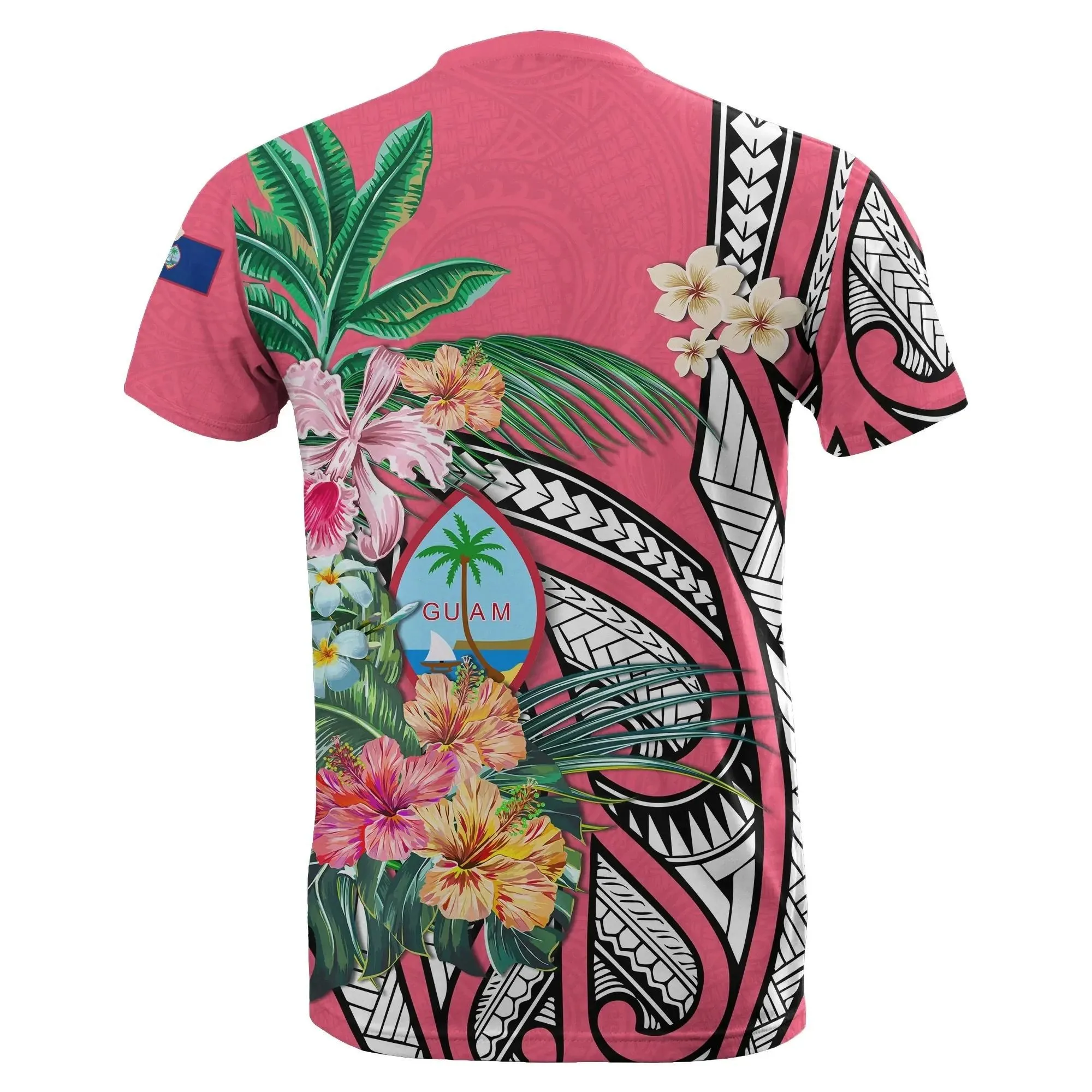 Guam T-Shirt Coat Of Arms Polynesian With Hibiscus Pink TH5