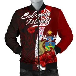 Solomon Islands Polynesian Mens Bomber Jacket - Coat Of Arm With Hibiscus