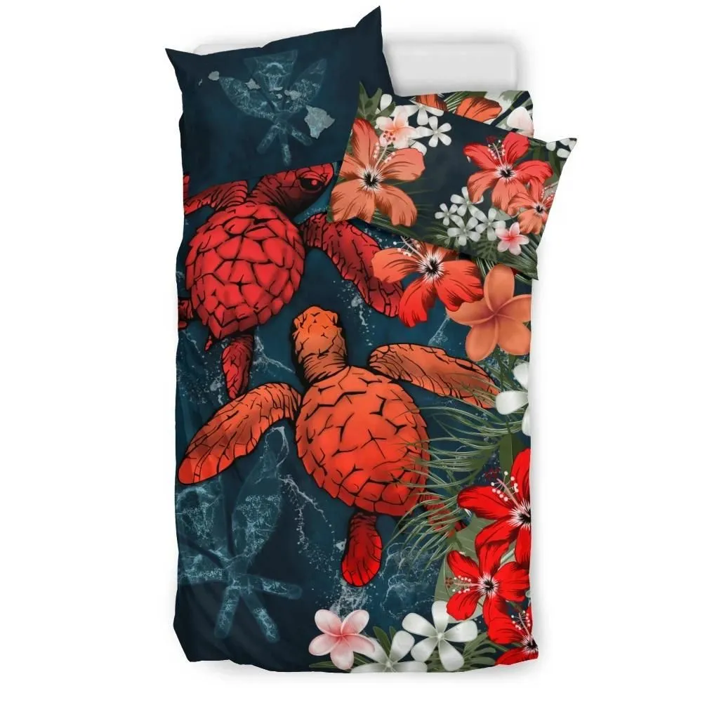 Kanaka Maoli (Hawaiian) Bedding Set - Sea Turtle Tropical Hibiscus And Plumeria Red A24