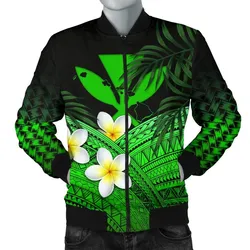 Kanaka Maoli (Hawaiian) Mens Bomber Jacket, Polynesian Plumeria Banana Leaves Green