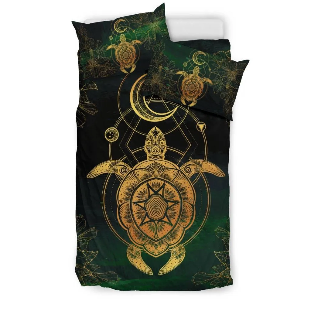 Hawaiian Hibiscus Golden Turtle And Moon Polynesian Bedding Set