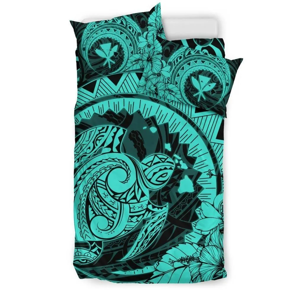 Hawaiian Map Kanaka Honu Hibiscus Turquoise Globular Polynesian Bedding Set - AH - JD