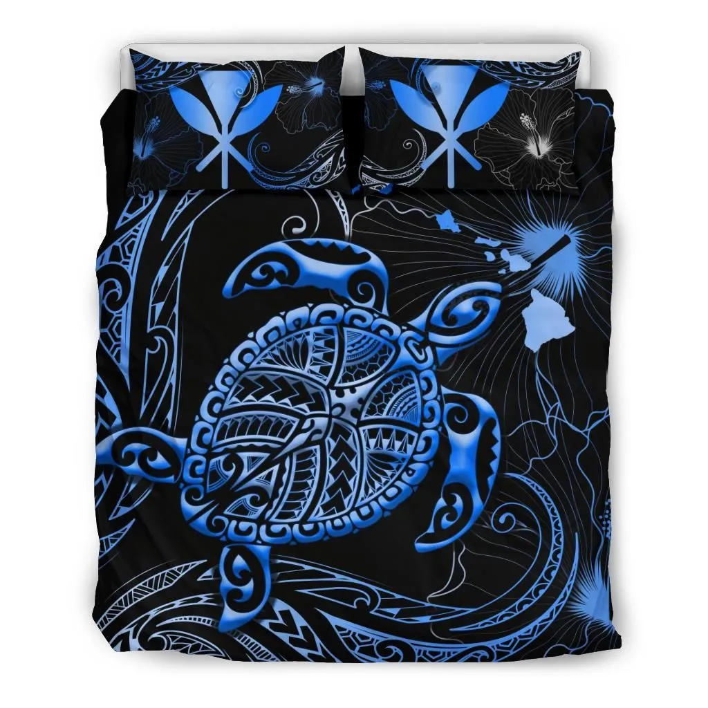 Kanaka Maoli Hawaiian Map Bedding Set - Turtle Polynesian Hibiscus Blue