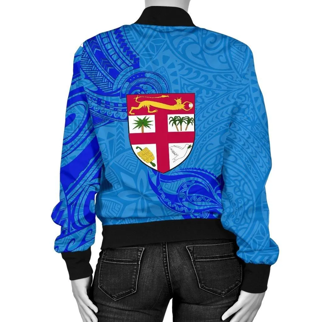 Blue Women Bomber Jacket Fiji Rugby Polynesian Waves Style