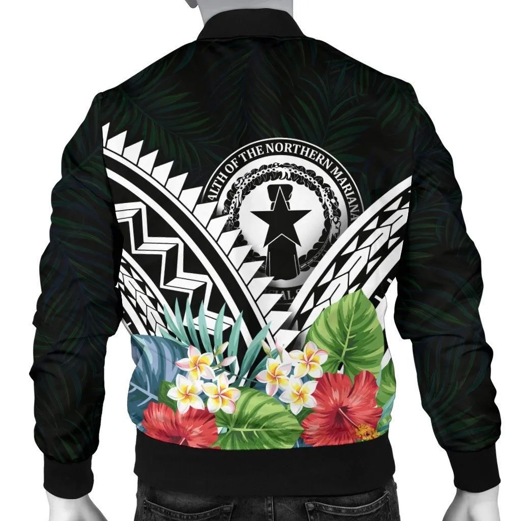 CNMI Mens Bomber Jacket - CNMI Coat of Arms & Polynesian Tropical Flowers White