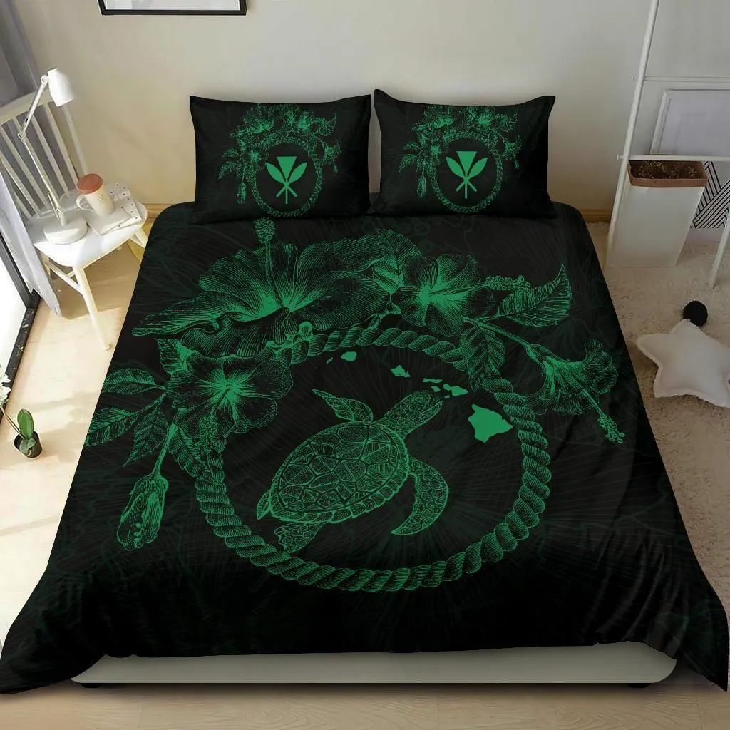 Polynesian Hawaii Bedding Set - Green Turtle Hibiscus Flower Frame Vintage