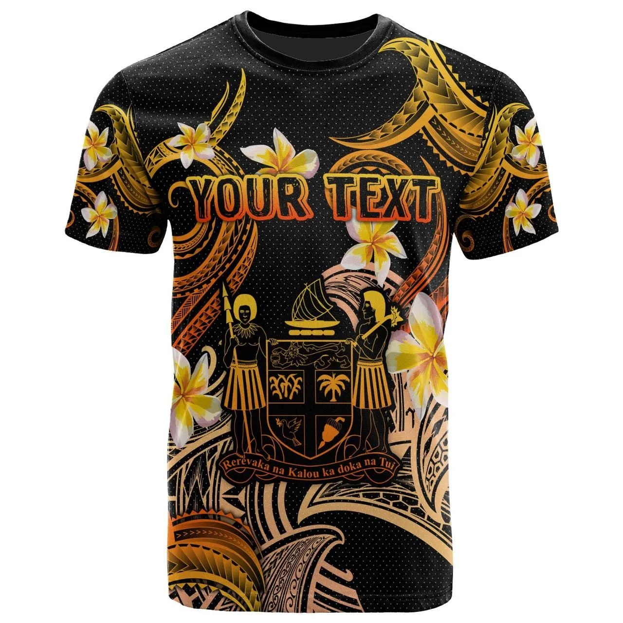 Fiji T-shirt - Custom Personalised Polynesian Waves with Plumeria Flowers (Orange)