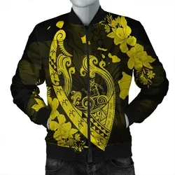 FamilyGater Jacket - Hawaiian Fish Hook Hibiscus Banzai Surfing Polynesian Bomber Jacket Yellow - AH - J5R