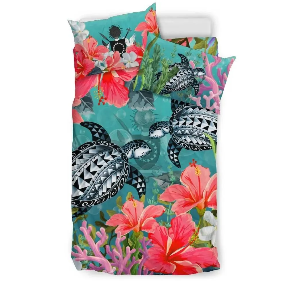 FamilyGater Bedding Set - Cover and Pillow Cases Cook Islands - Polynesian Turtle Hibiscus And Seaweed A24