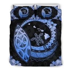 FamilyGater Home Set - Hawaiian Map Hibiscus Plumeria Turtle Polynesian Bedding Set Blue - AH J1