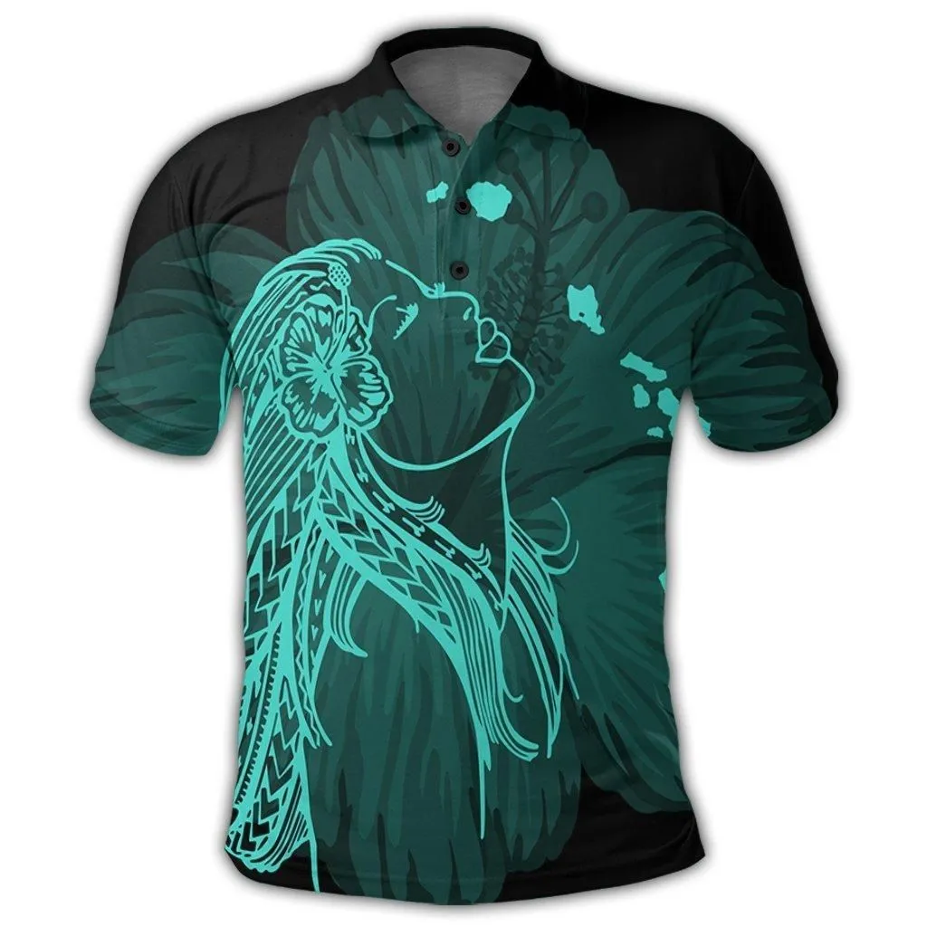 Hawaiian Map Heart Hula Girl Hibiscus Turquoise Polynesian Polo Shirt