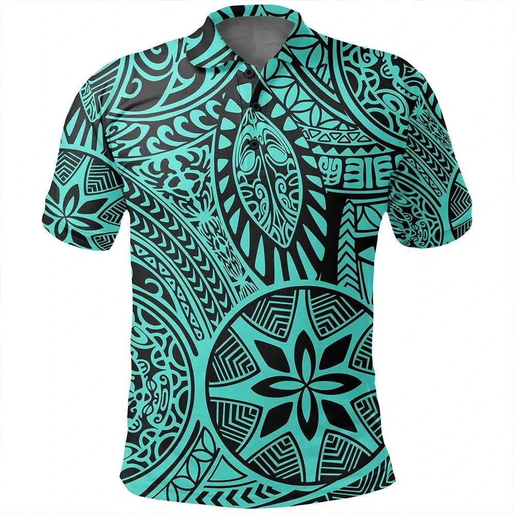 Alohawaii Shirt - Polynesian Hawaiian Style Tribal Tattoo Turquoise Polo Shirt - AH - JR
