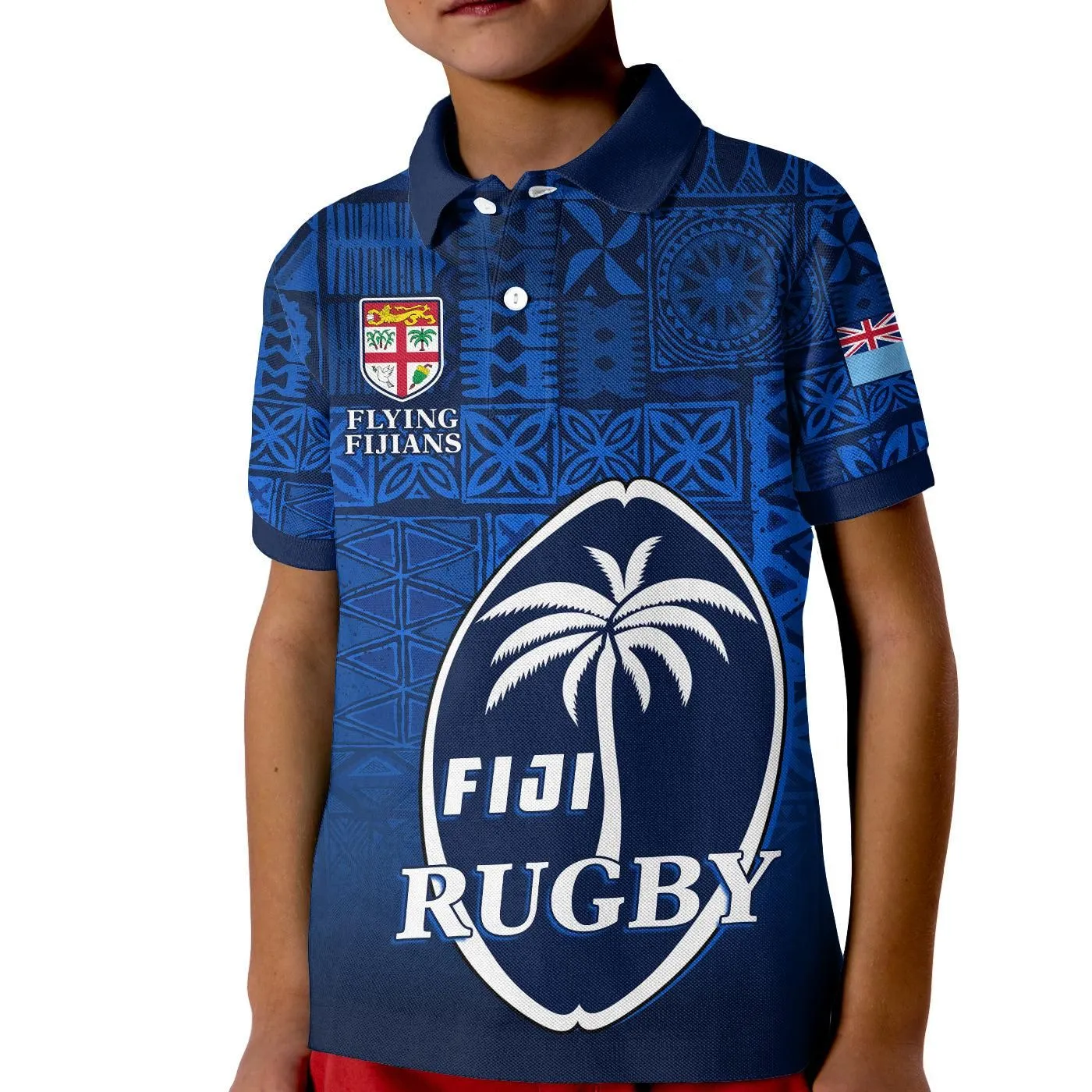 (Custom Text and Number) Fiji Rugby Polo Shirt KID Flying Fijians Blue Tapa Pattern LT13