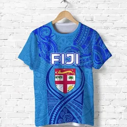 (Custom Personalised) Blue T Shirt Fiji Rugby Polynesian Waves Style, Custom Text And Number