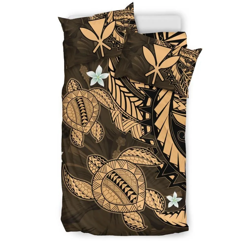 Hawaii Bedding Set - Hawaii Polynesian Turtle Hibiscus Bedding Set - Gold