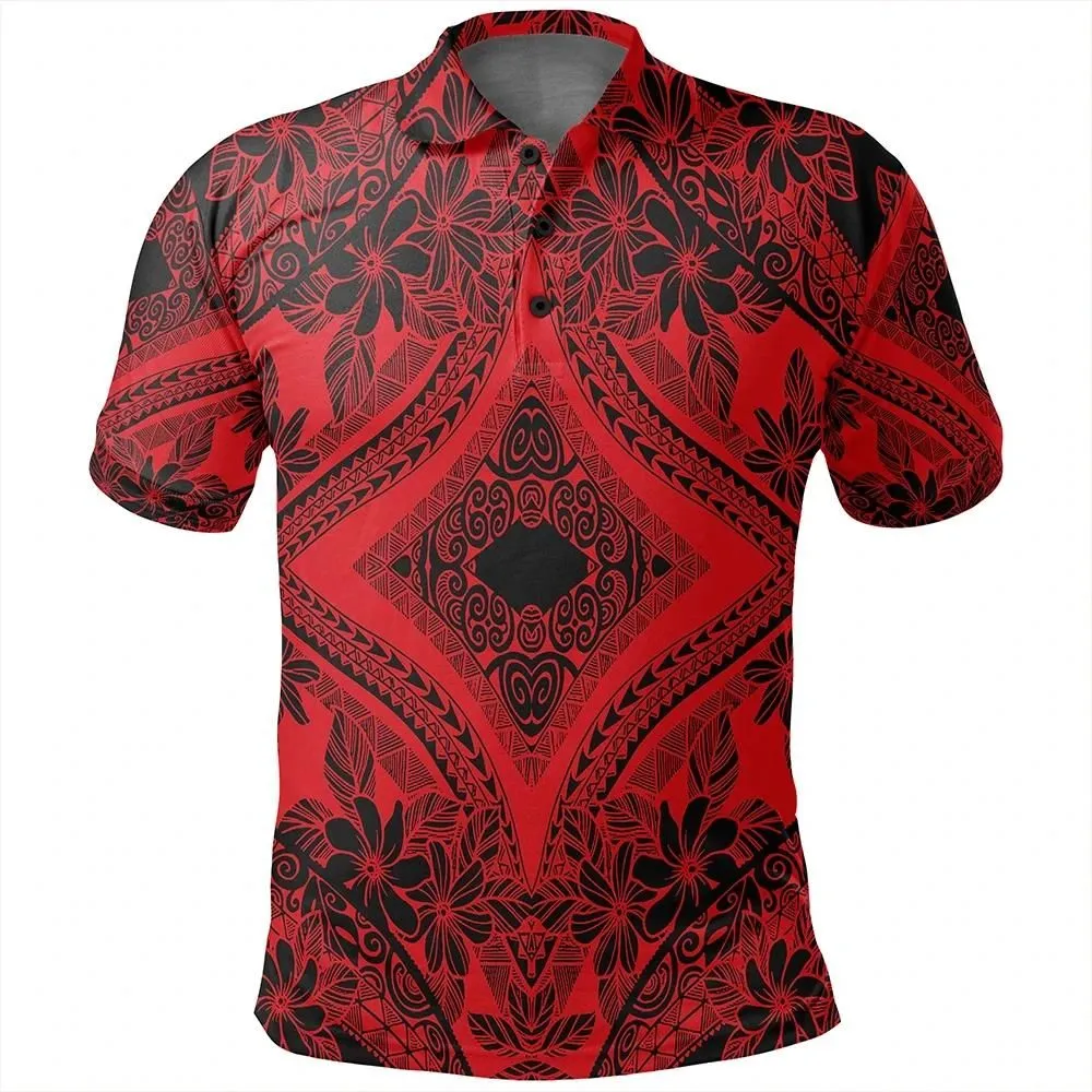 Alohawaii Shirt - Polynesian Plumeria Mix Red Black Polo Shirt - AH - JR