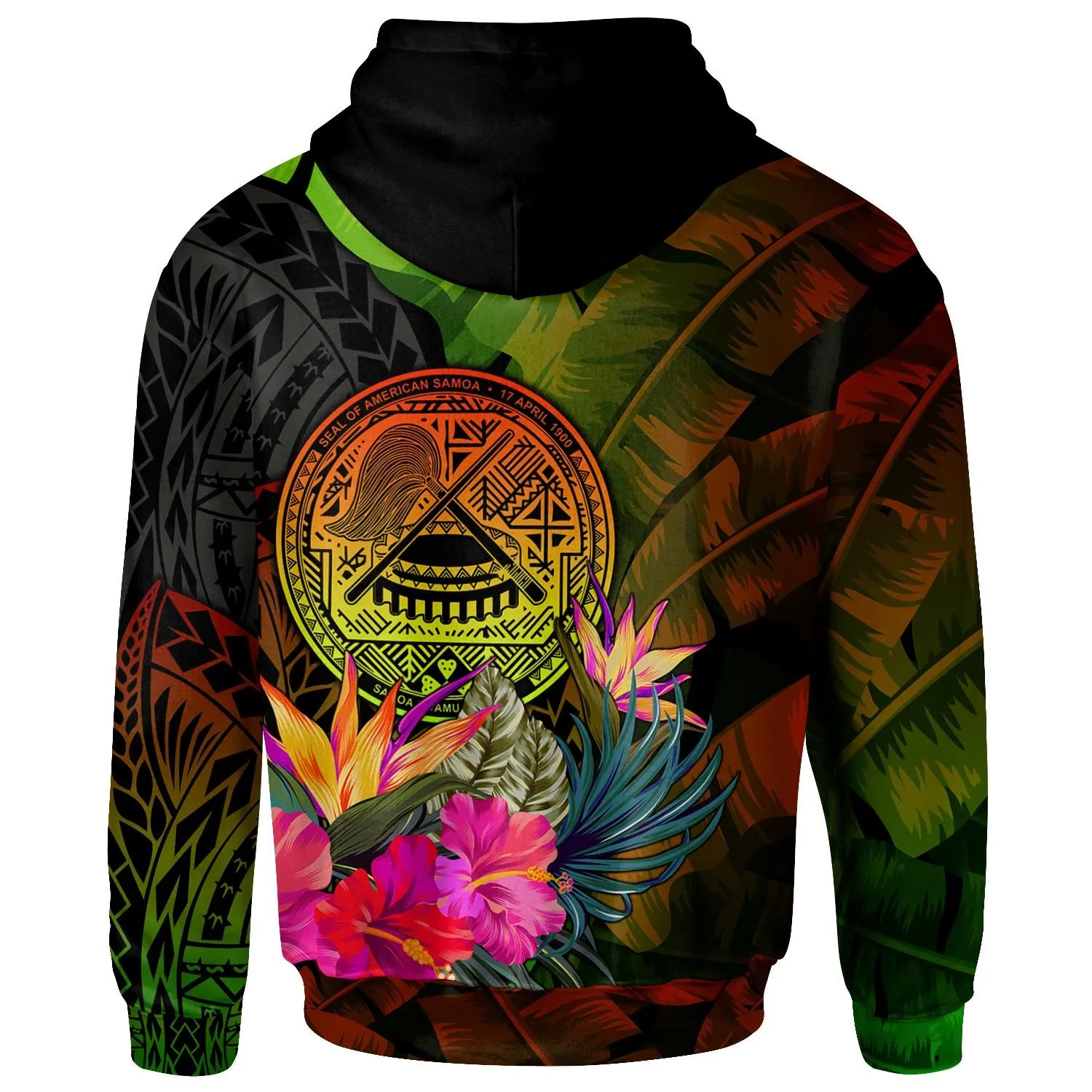 American Samoa Polynesian Hoodie -  Hibiscus and Banana Leaves