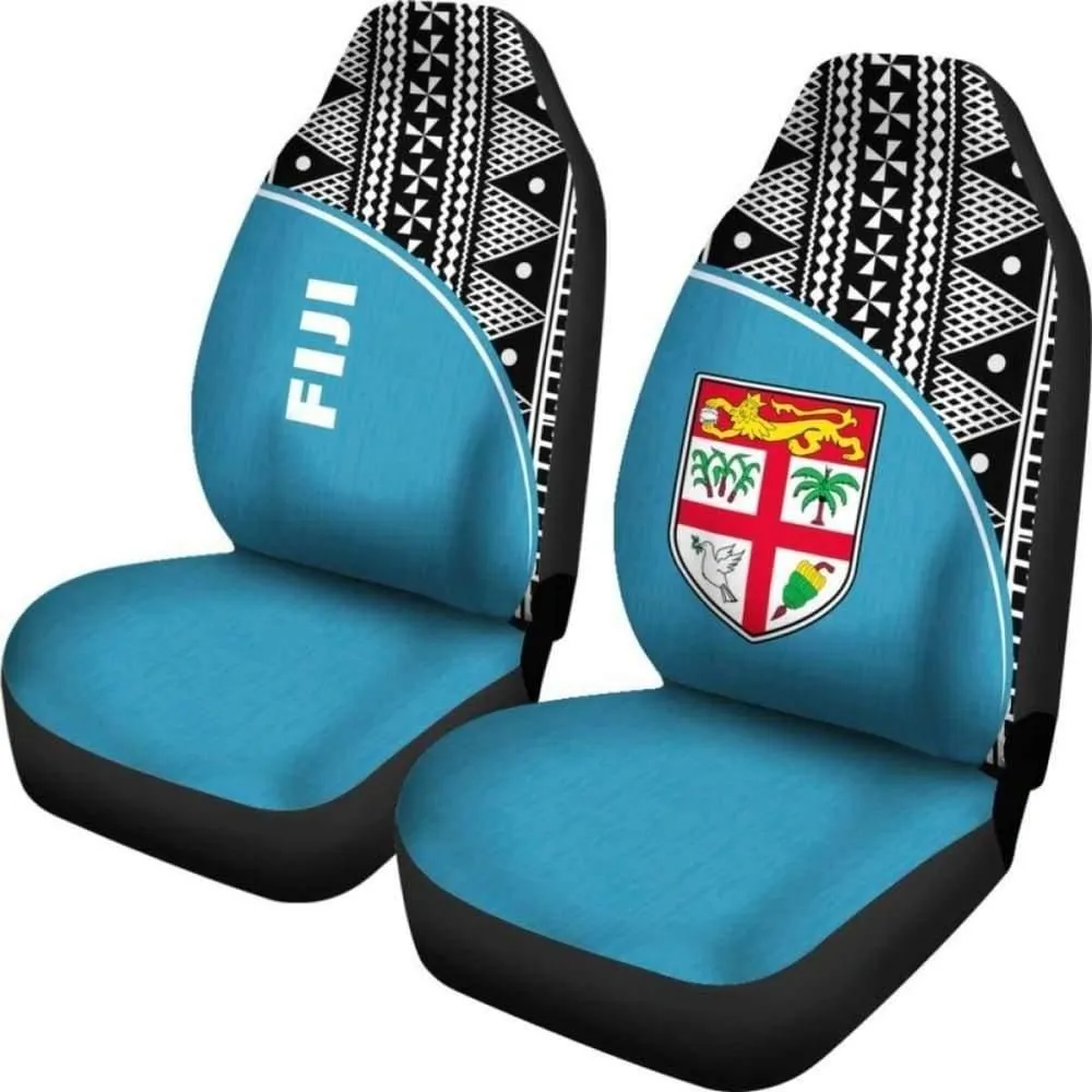 Fiji Tapa Car Seat Covers - Fiji Flag Polynesian White Curve Blue - Unique Design