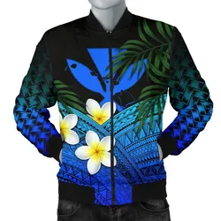 Kanaka Maoli (Hawaiian) Mens Bomber Jacket, Polynesian Plumeria Banana Leaves Blue