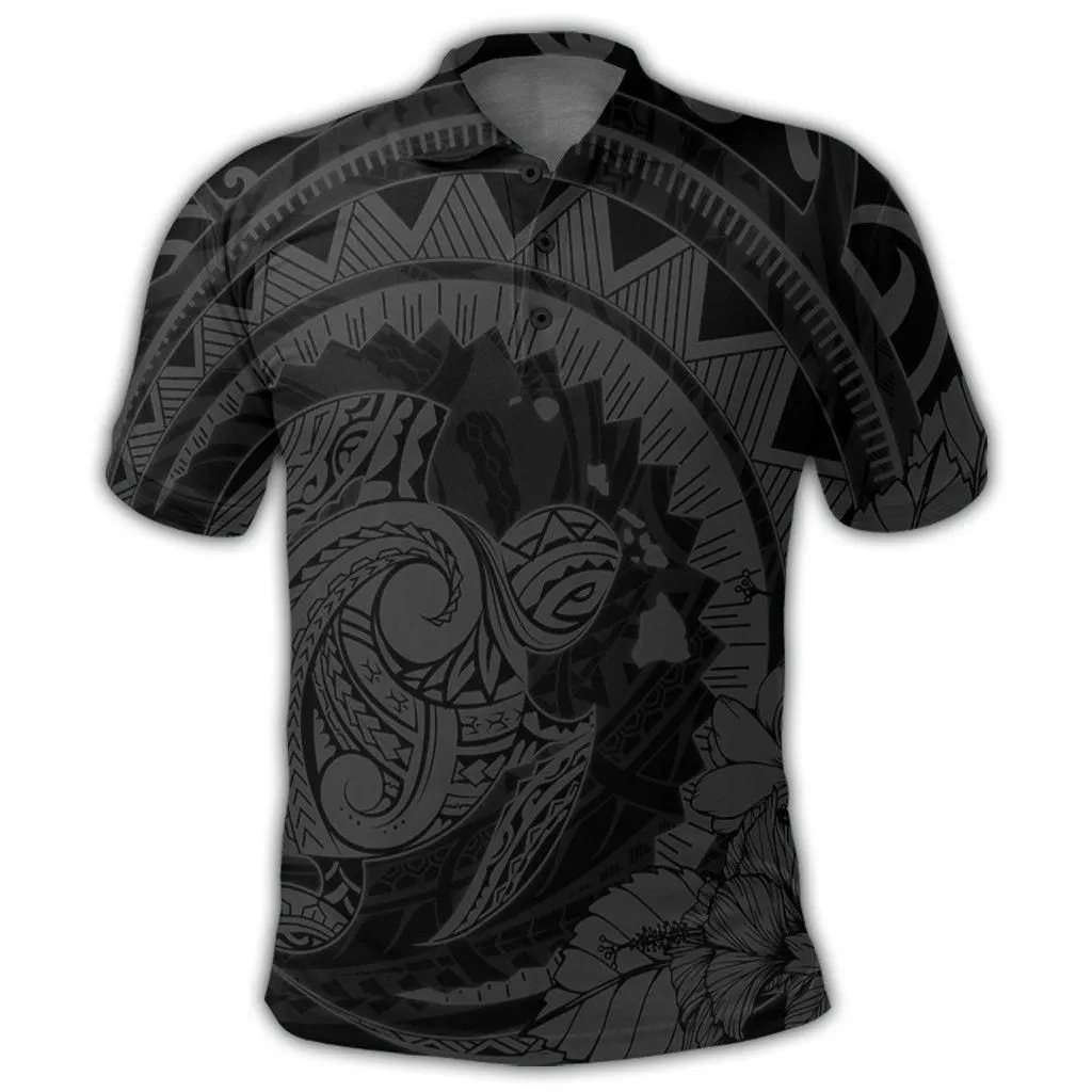 Hawaiian Kanaka Honu Map Hibiscus Globular Polynesian Gray Polo Shirt