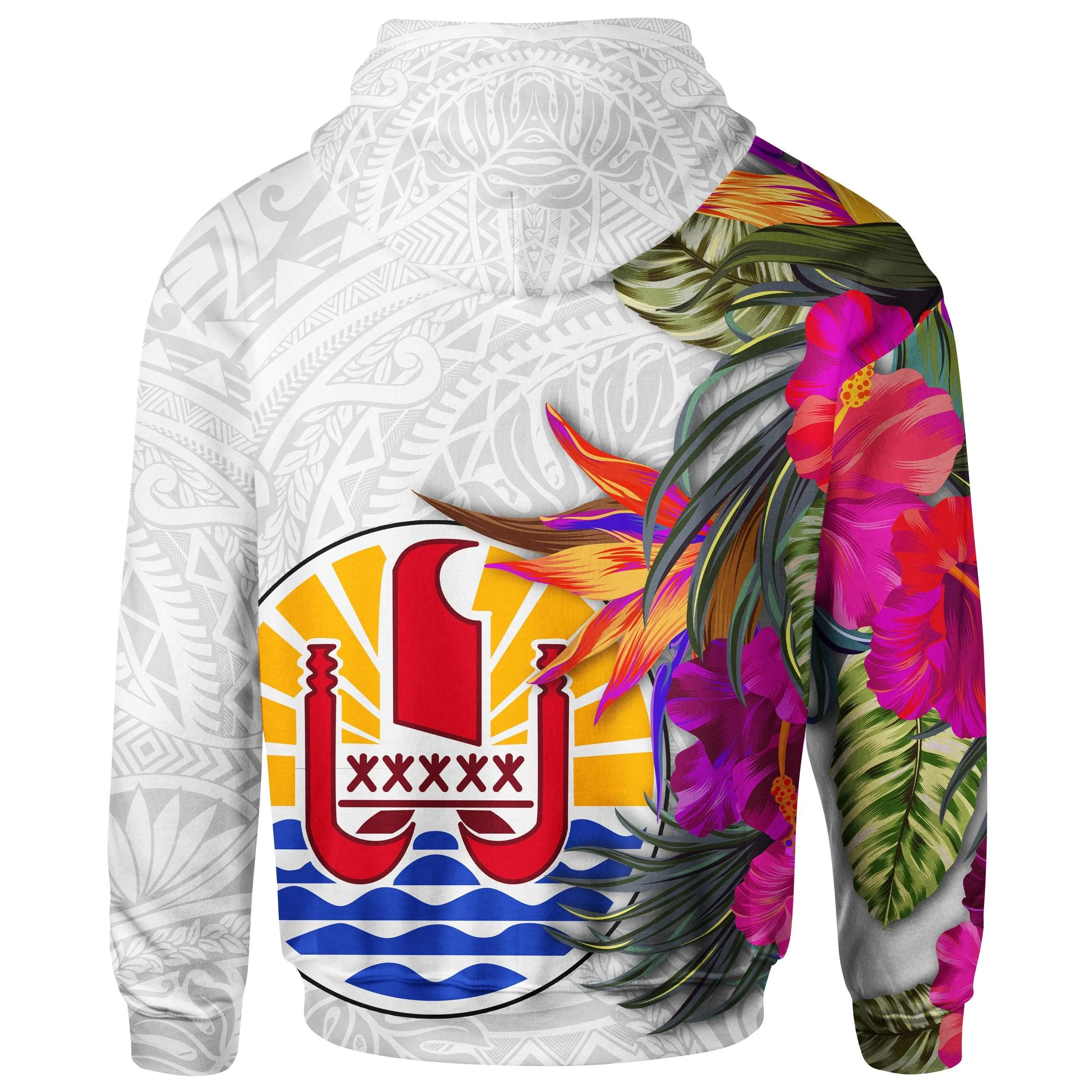 Tahiti Hoodie Hibiscus Polynesian White Pattern