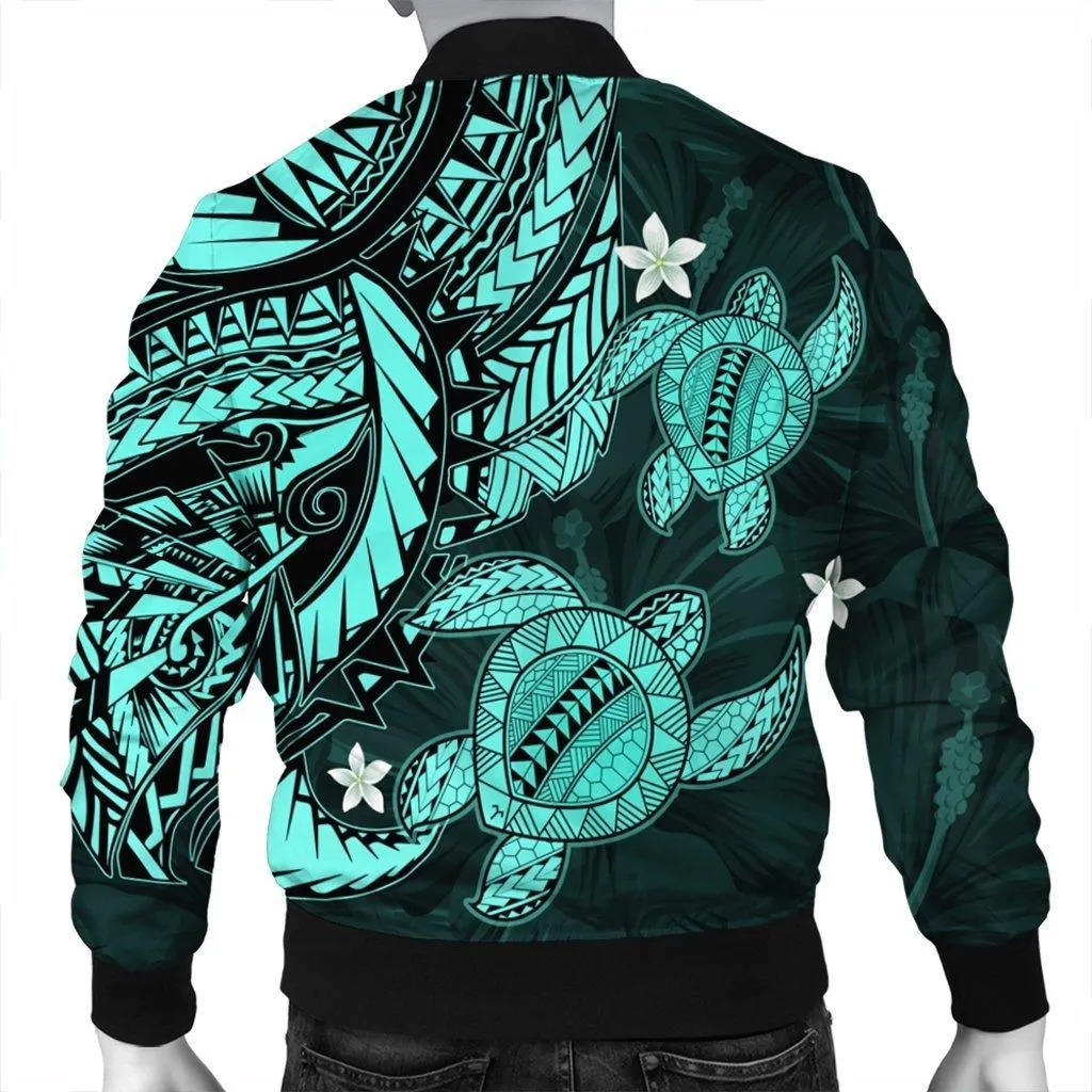 Hawaii Polynesian Turtle Hibiscus Bomber Jacket - Turquoise - AH