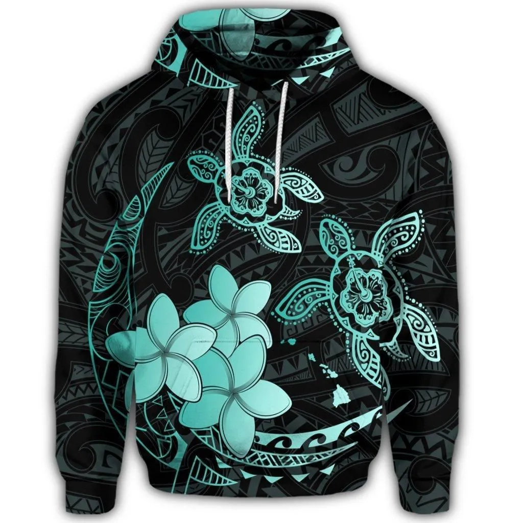 Hawaiian Polynesian Turtle Plumeria Hoodie - Pog Style Turquoise