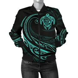 Alohawaii Jacket - Hawaii Turtle Map Polynesian Womens Bomber Jacket - Turquoise - Frida Style - AH J9