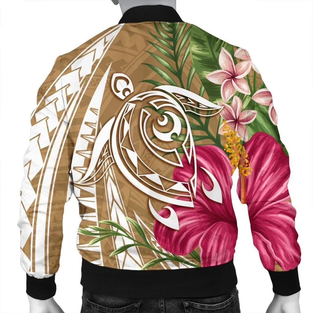 Hawaii Polynesian Turtle Tropical Hibiscus Plumeria Bomber Jacket - Gold