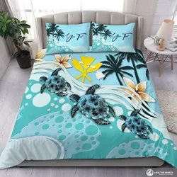 FamilyGater Bedding Set - Cover and Pillow Cases (Custom) Kanaka Maoli (Hawaiian) - Blue Turtle Hibiscus Personal Signature A24