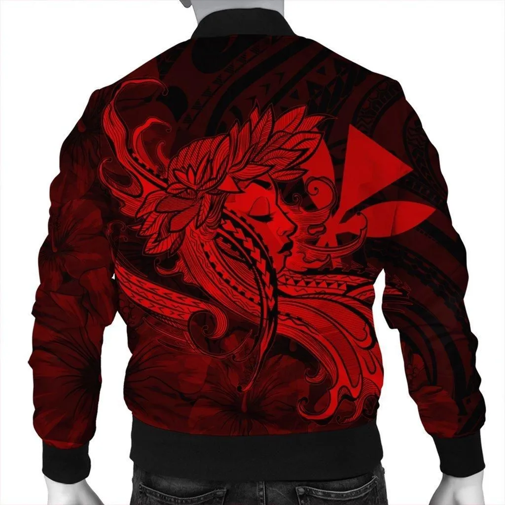 Hawaiian Map Hula Girl Hibiscus Kanaka Polynesian Bomber Jacket - Red