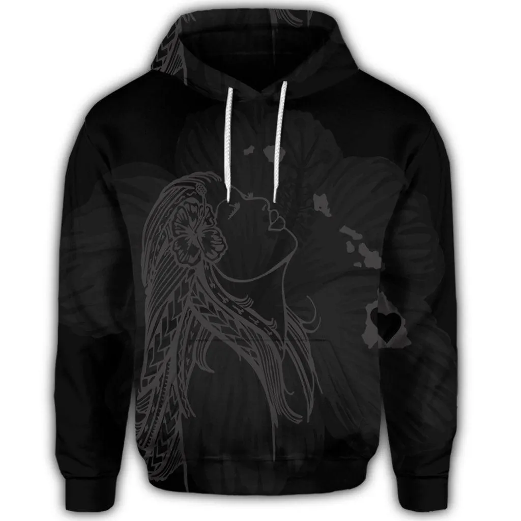 Hawaiian Map Heart Hula Girl Hibiscus Gray Polynesian Hoodie