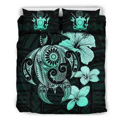 FamilyGater Bedding Set - Cover and Pillow Cases Cook Islands Hibiscus Plumeria Mix Polynesian Turquoise Turtle - J1