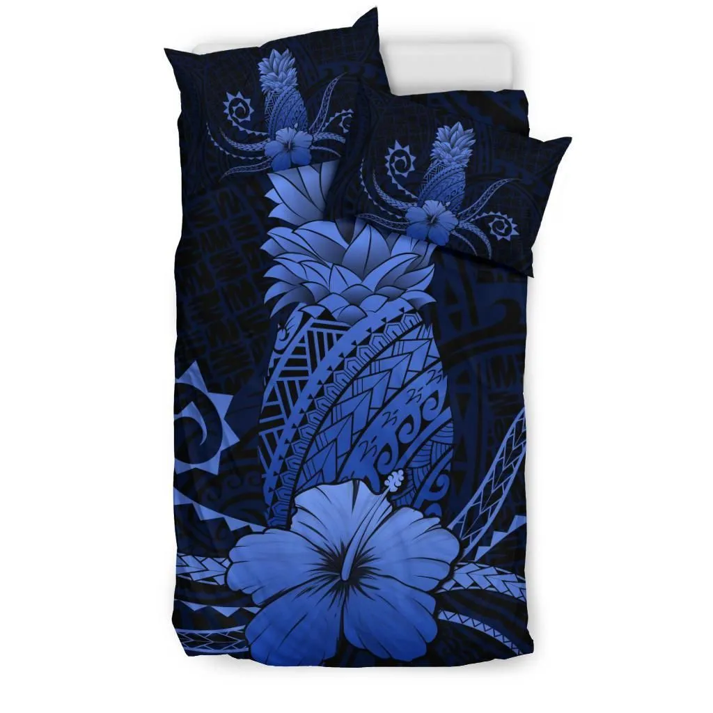 Hawaii Polynesian Pineapple Hibiscus Bedding Set - Zela Style Blue - AH - J4
