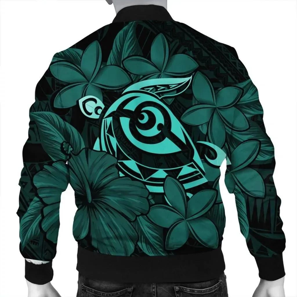 Alohawaii Jacket - Hawaiian Turtle Hibiscus Plumeria Kanaka Polynesian Bomber Jacket Turquoise - Soft Style - AH - J4R