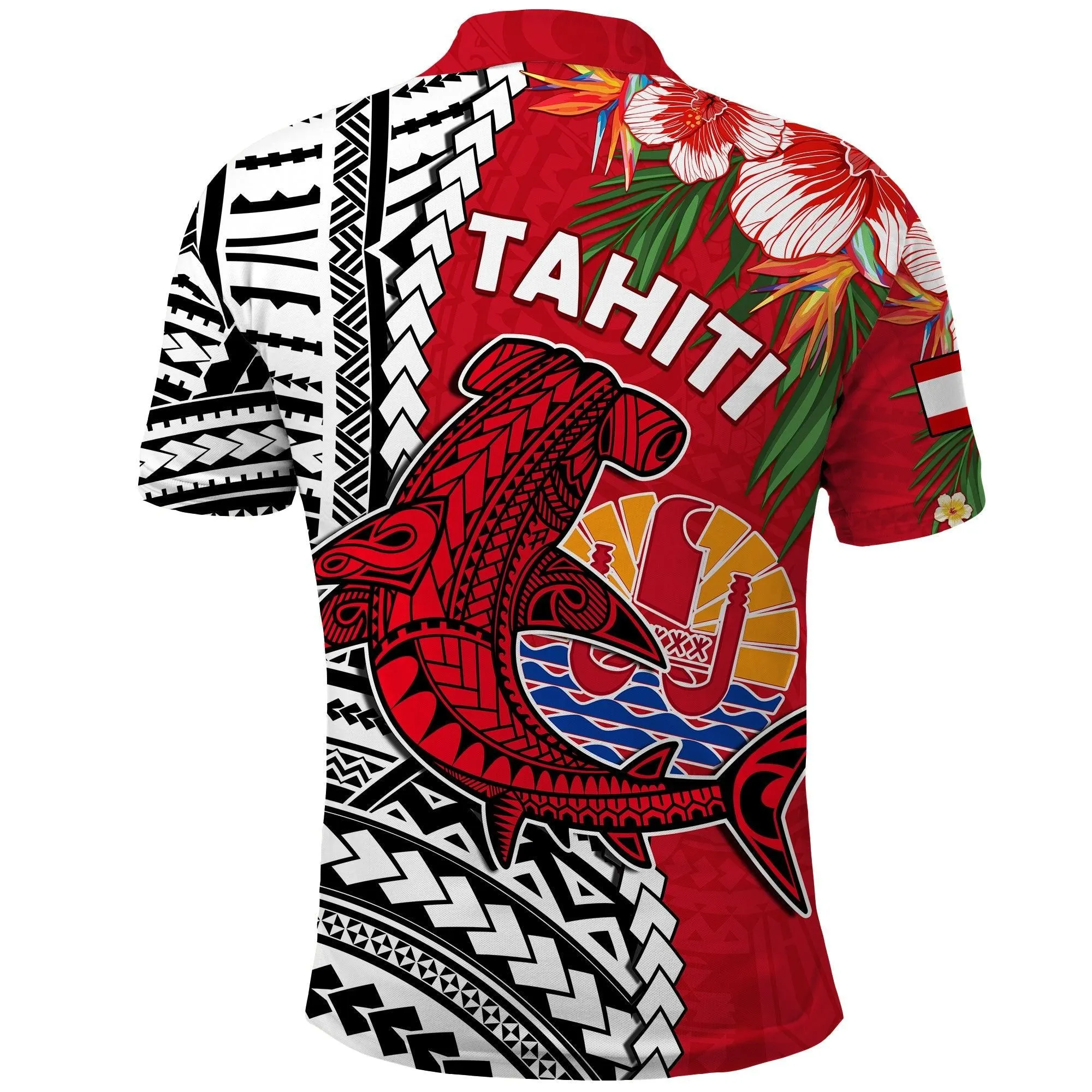 Tahiti Islands Polo Shirt Polynesian Shark Mix Tropical Flowers LT14