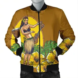 Hawaiian Hula Girl Monstera Hibiscus Polynesian Bomber Jacket - AH