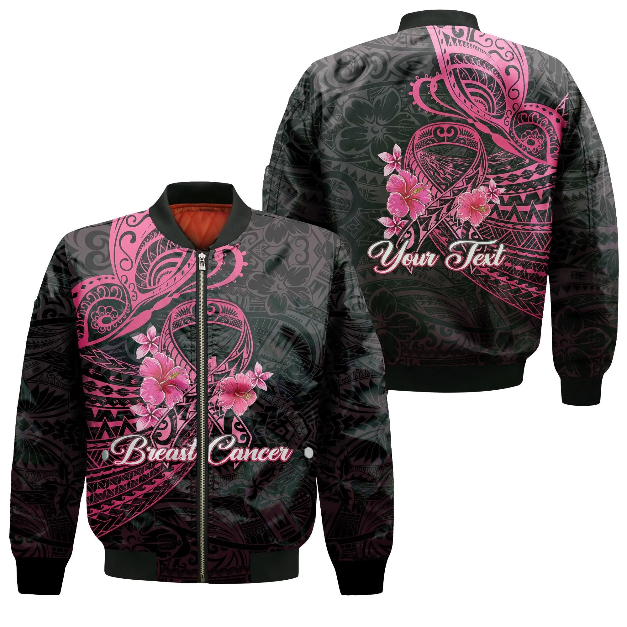 (Custom Personalised) Breast Cancer Pink Ribbon Butterfly Polynesian Black Version Bomber Jacket - LT12