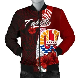 Tahiti Polynesian Mens Bomber Jacket - Coat Of Arm With Hibiscus