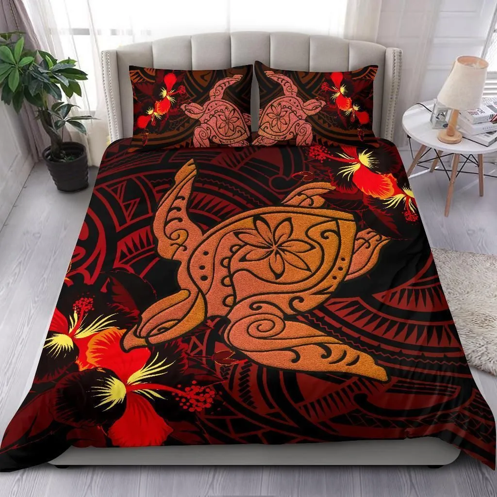 Hawaiian Hibiscus Plumeria Red Big Turtle Polynesian Bedding Set