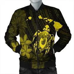 Hawaiian Map Turtle Plumeria Hibiscus Fish Hook Polynesian Bomber Jacket Yellow - AH
